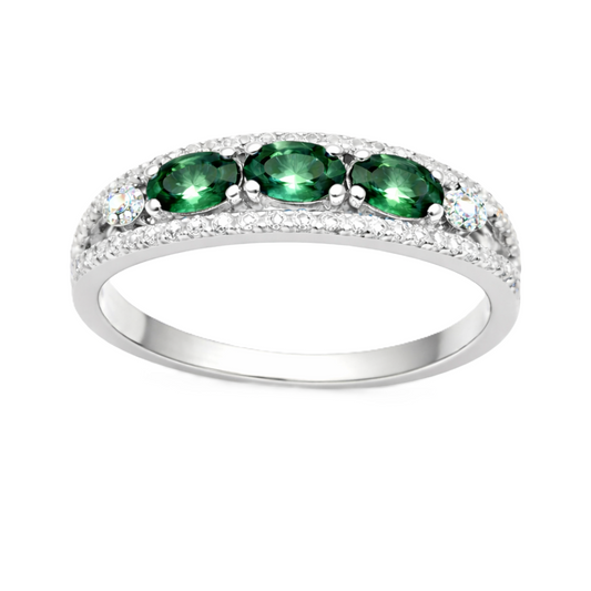 Green sapphire ring with 5×3 mm oval stones in white gold-plated 925 silver. Fresh, elegant, and hypoallergenic. Available now at BSI Jewelry.