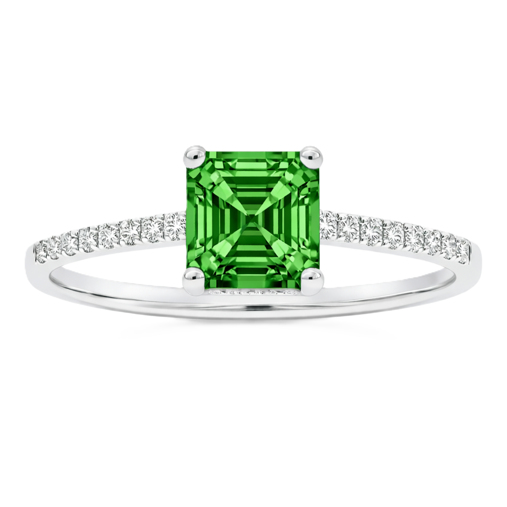 Green sapphire ring, 6 mm Asscher, set in white gold-plated 925 silver. Hypoallergenic and elegant for daily wear. Available now at BSI Jewelry.