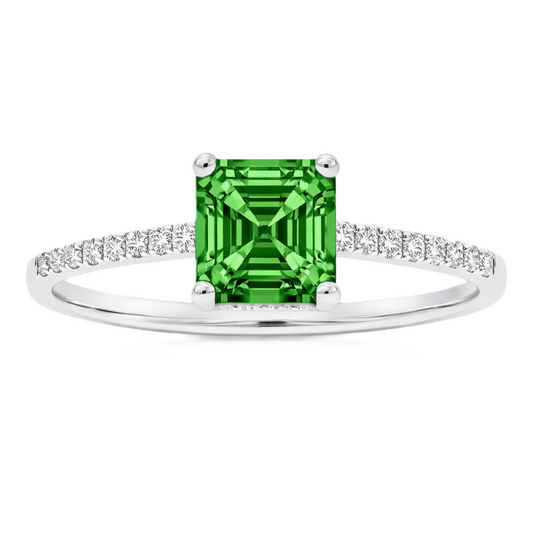 Green sapphire ring, 6 mm Asscher, set in white gold-plated 925 silver. Hypoallergenic and elegant for daily wear. Available now at BSI Jewelry.