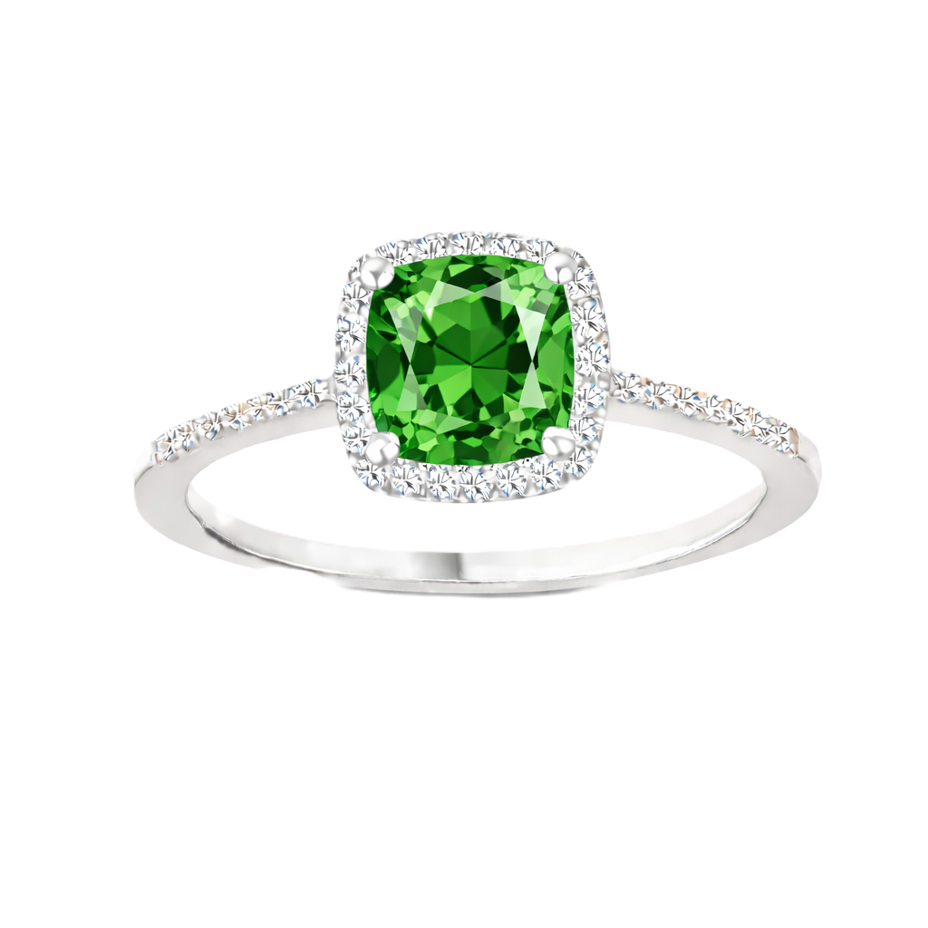 Green sapphire ring with a 6 mm cushion cut, accented by moissanite in white gold-plated 925 silver. Elegant and timeless. Available now at BSI Jewelry.