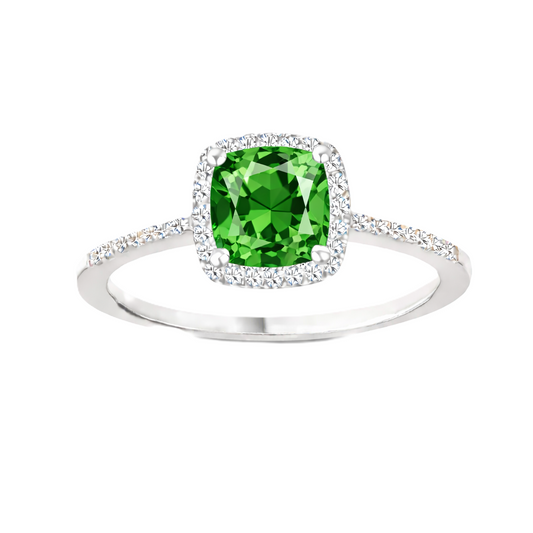 Green sapphire ring with a 6 mm cushion cut, accented by moissanite in white gold-plated 925 silver. Elegant and timeless. Available now at BSI Jewelry.