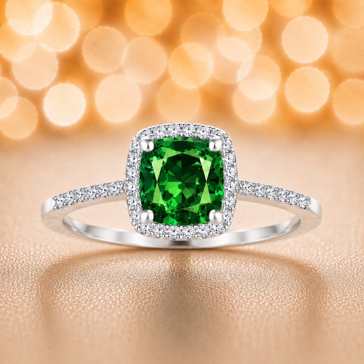 Green sapphire ring with a 6 mm cushion cut, accented by moissanite in white gold-plated 925 silver. Elegant and timeless. Available now at BSI Jewelry.