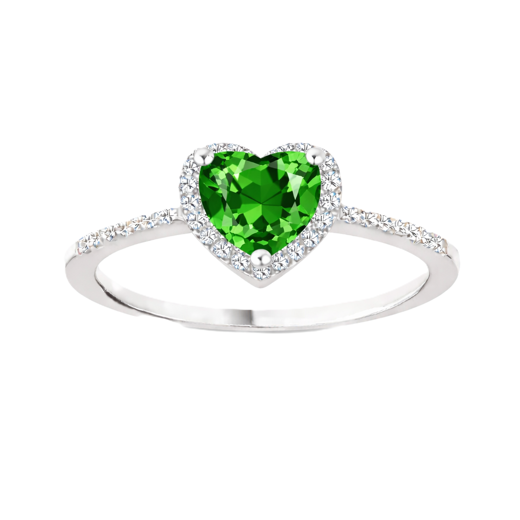 Green sapphire ring with a 6 mm heart cut, accented by moissanite in white gold-plated 925 silver. Elegant and timeless. Available now at BSI Jewelry.