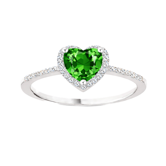 Green sapphire ring with a 6 mm heart cut, accented by moissanite in white gold-plated 925 silver. Elegant and timeless. Available now at BSI Jewelry.