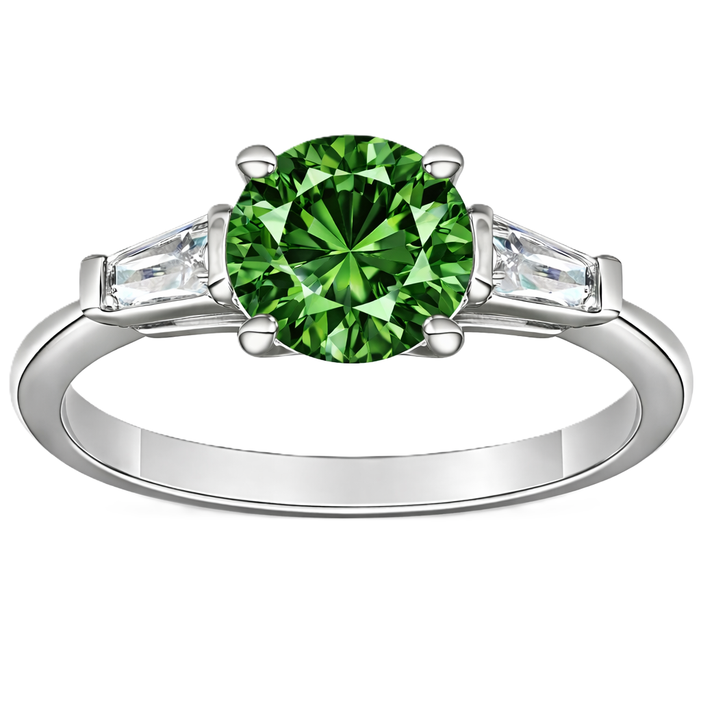 Green sapphire ring, 6 mm round, with tapered moissanite accents in white gold-plated 925 silver. Fresh and elegant. Available now at BSI Jewelry.