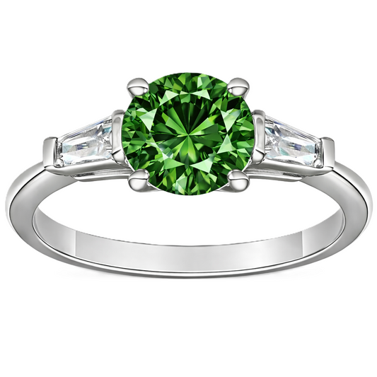 Green sapphire ring, 6 mm round, with tapered moissanite accents in white gold-plated 925 silver. Fresh and elegant. Available now at BSI Jewelry.