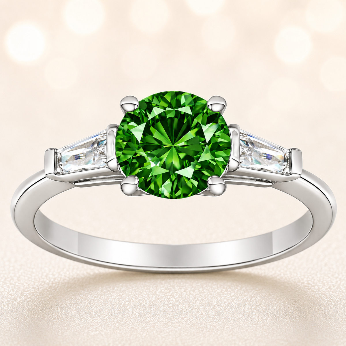 Green sapphire ring, 6 mm round, with tapered moissanite accents in white gold-plated 925 silver. Fresh and elegant. Available now at BSI Jewelry.