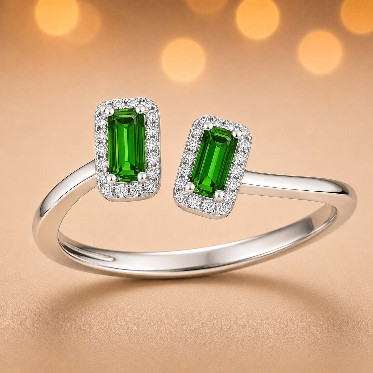 Green sapphire ring with 6×3 mm baguette cut stones in white gold-plated 925 silver, accented with moissanite. Modern and elegant. Available now at BSI Jewelry.