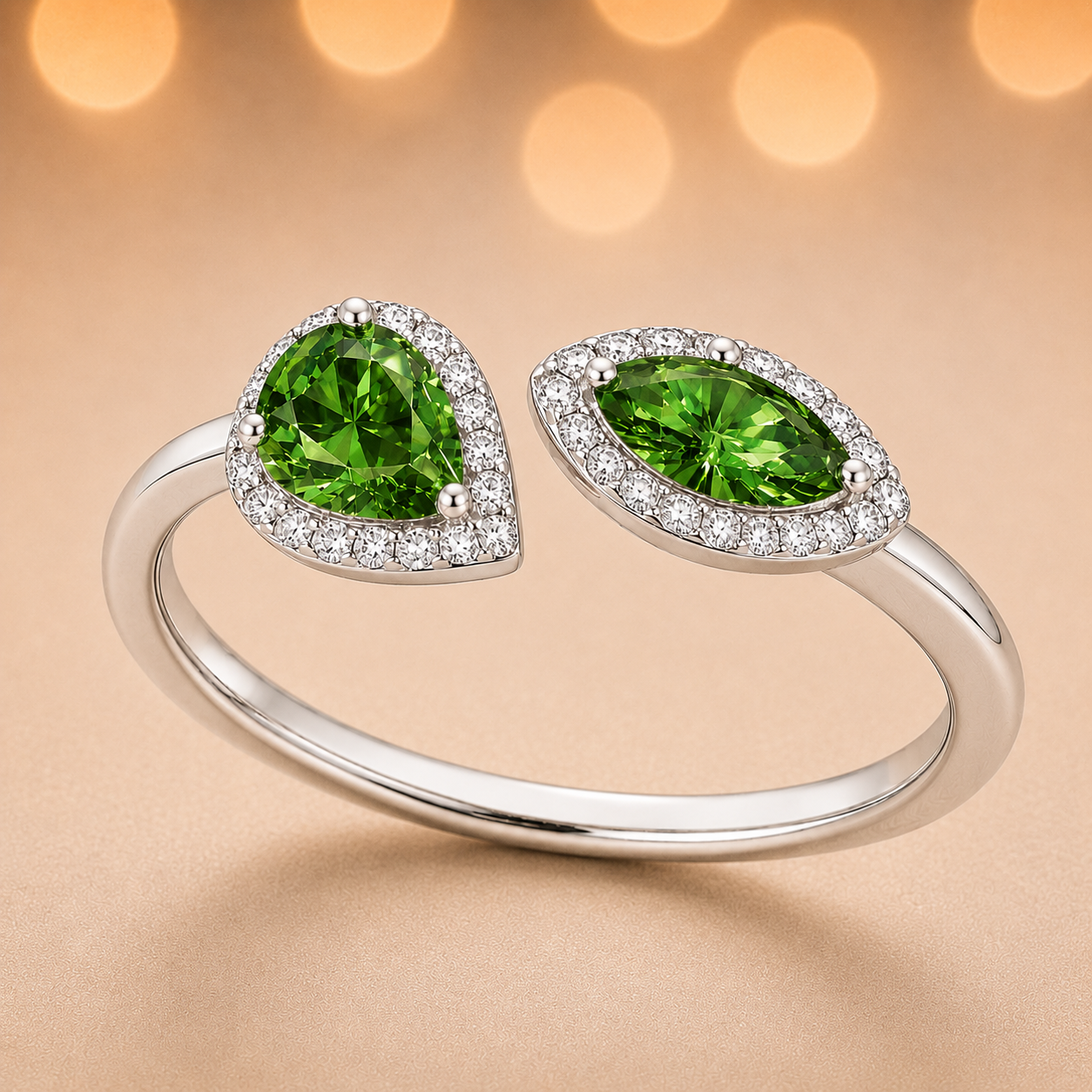 Green sapphire ring with 6×3 mm pear and marquise cuts, crafted in white gold-plated 925 silver with moissanite accents. Available now at BSI Jewelry.