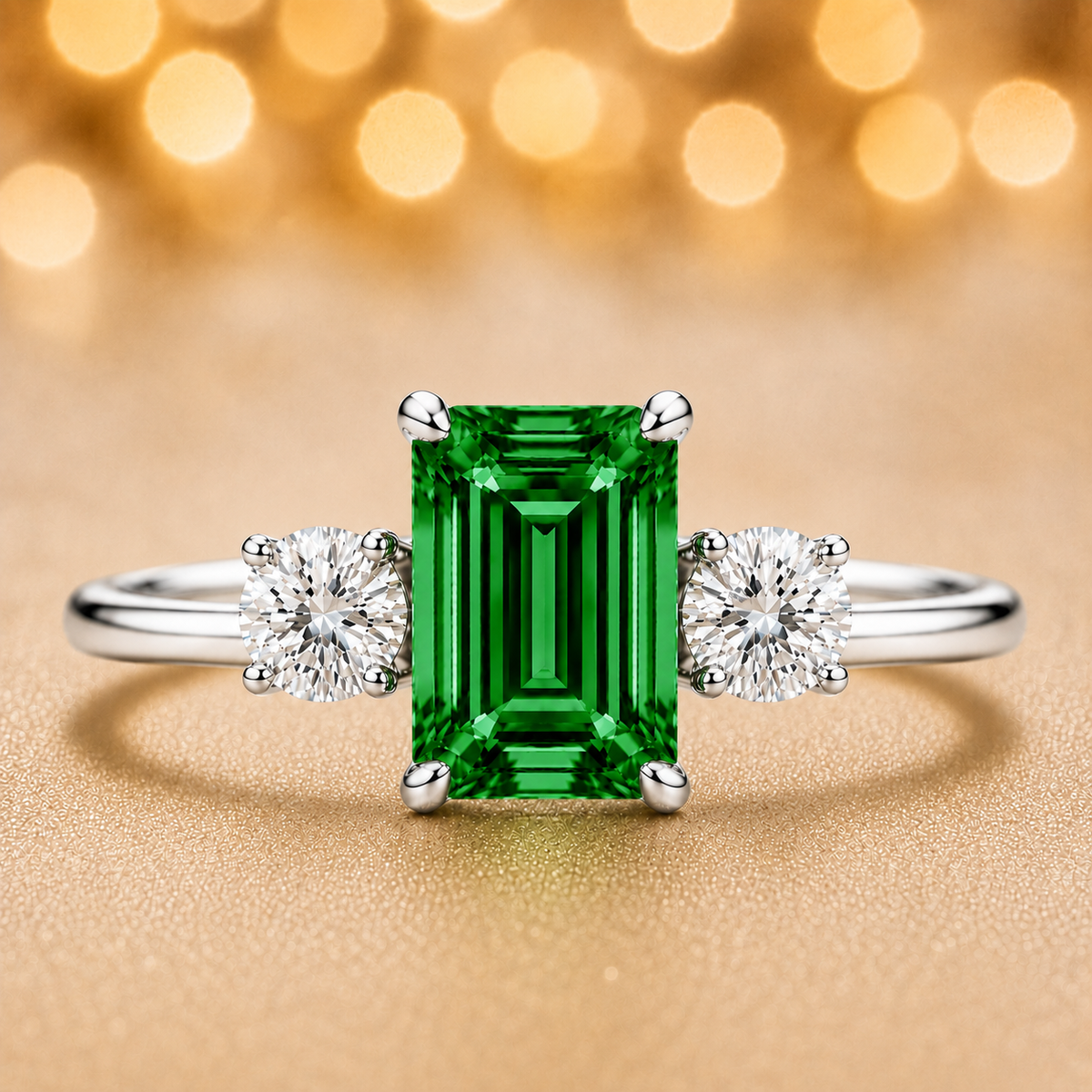 Green sapphire ring, 6×4 mm emerald cut with 3 mm moissanite sides, set in white gold-plated 925 silver. Elegant and hypoallergenic. Available now at BSI Jewelry.