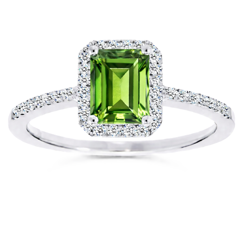 Green sapphire ring with a 7×5 mm emerald cut, with moissanite in white gold-plated 925 silver. Elegant and timeless for daily wear. Available now at BSI Jewelry.