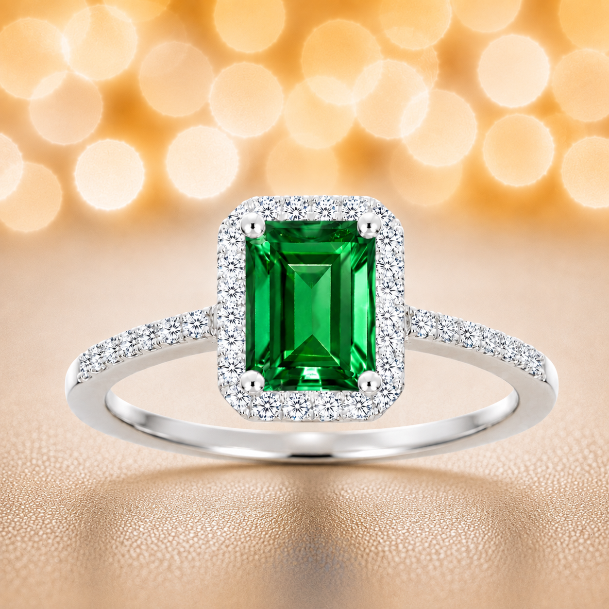 Green sapphire ring with a 7×5 mm emerald cut, with moissanite in white gold-plated 925 silver. Elegant and timeless for daily wear. Available now at BSI Jewelry.