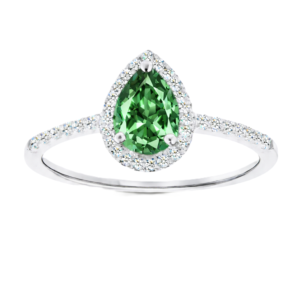 Green sapphire ring with a 7×5 mm pear cut, with moissanite in white gold-plated 925 silver. Elegant and timeless for daily wear. Available now at BSI Jewelry.