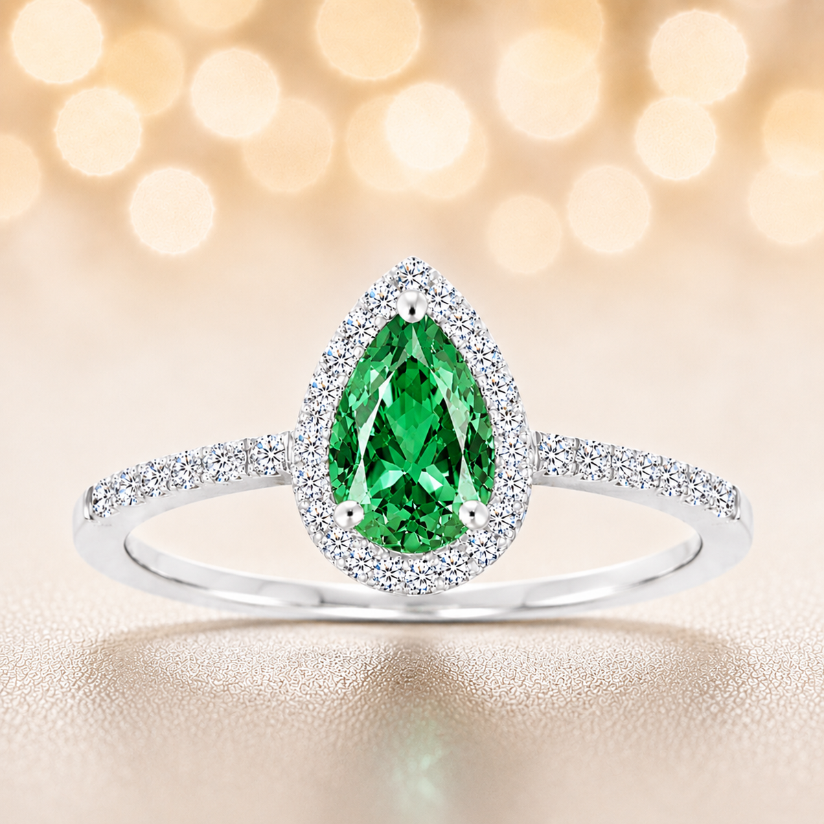 Green sapphire ring with a 7×5 mm pear cut, with moissanite in white gold-plated 925 silver. Elegant and timeless for daily wear. Available now at BSI Jewelry.
