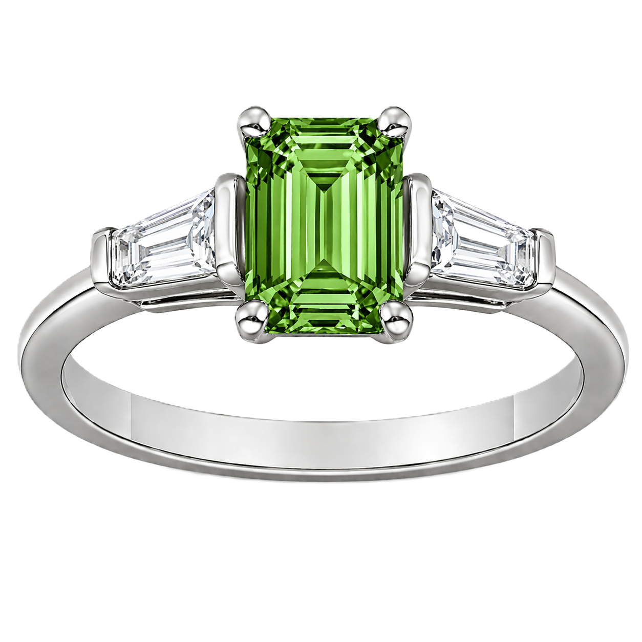 Green sapphire ring, 7×5 mm emerald cut with tapered moissanite, crafted in white gold-plated 925 silver. Elegant and timeless. Available now at BSI Jewelry.