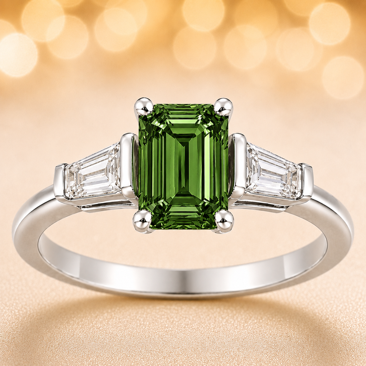 Green sapphire ring, 7×5 mm emerald cut with tapered moissanite, crafted in white gold-plated 925 silver. Elegant and timeless. Available now at BSI Jewelry.