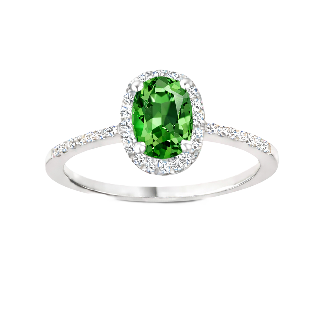 Green sapphire ring with a 7×5 mm oval cut in white gold-plated 925 silver, with moissanite. Elegant and refined for daily wear. Available now at BSI Jewelry.