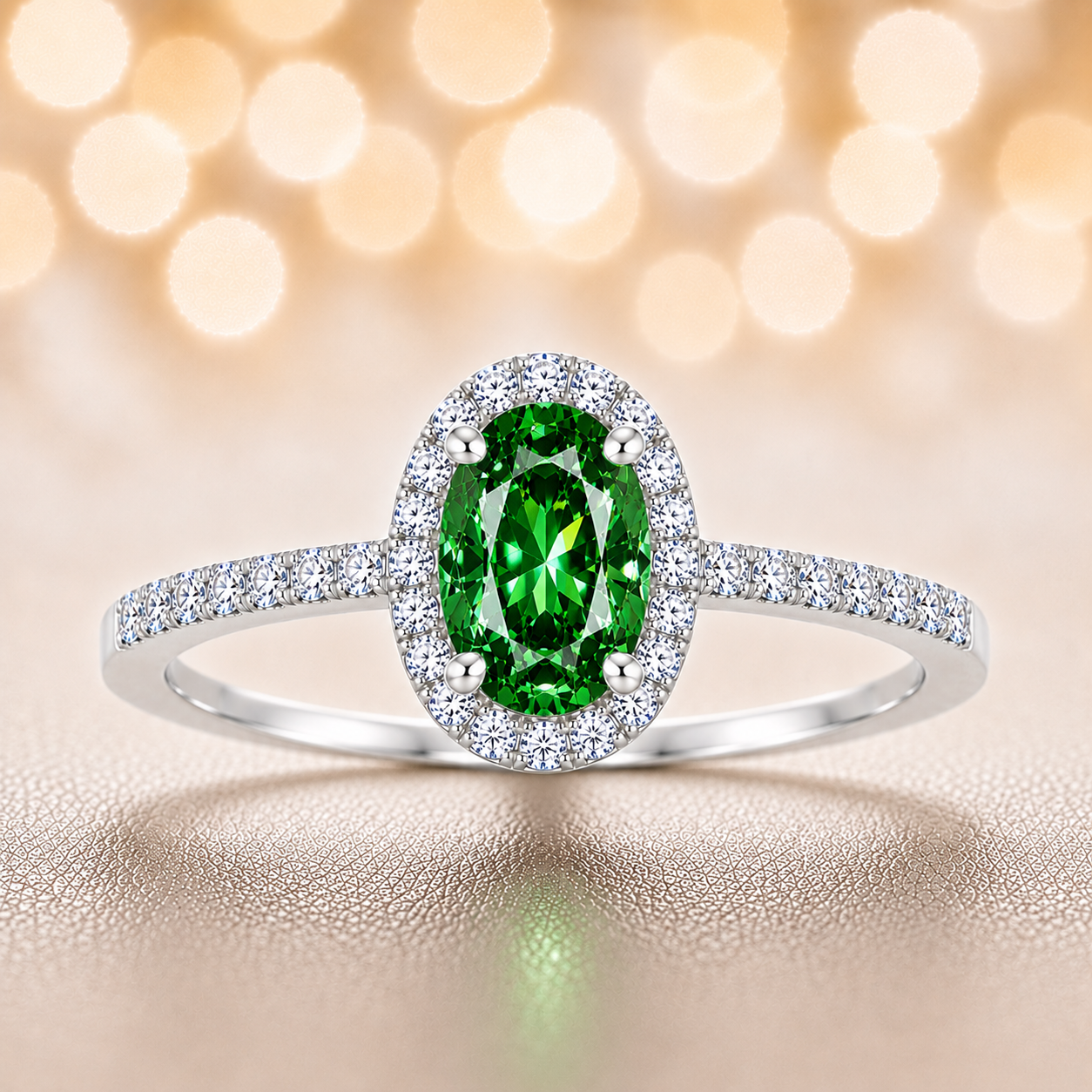 Green sapphire ring with a 7×5 mm oval cut in white gold-plated 925 silver, with moissanite. Elegant and refined for daily wear. Available now at BSI Jewelry.