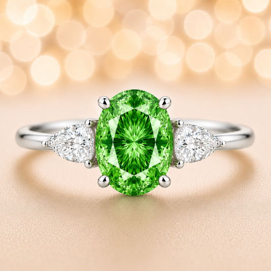 Green sapphire ring with 7×5 mm oval center in white gold-plated 925 silver. Hypoallergenic silver for comfortable daily wear. Available now at BSI Jewelry.