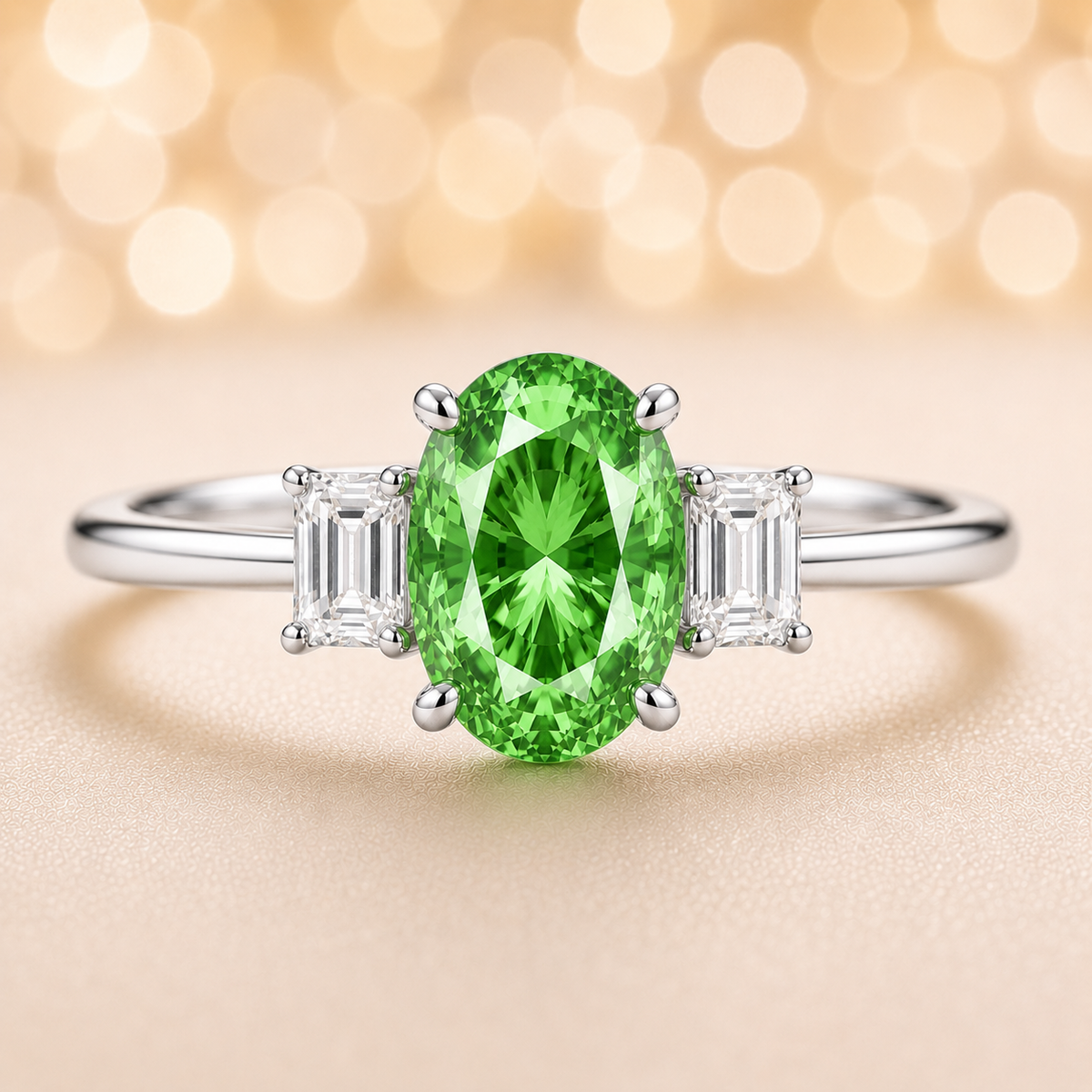 Green sapphire ring with 7×5 mm oval center and 5×3 mm moissanite sides in white gold-plated 925 silver. Elegant and refined. Available now at BSI Jewelry.