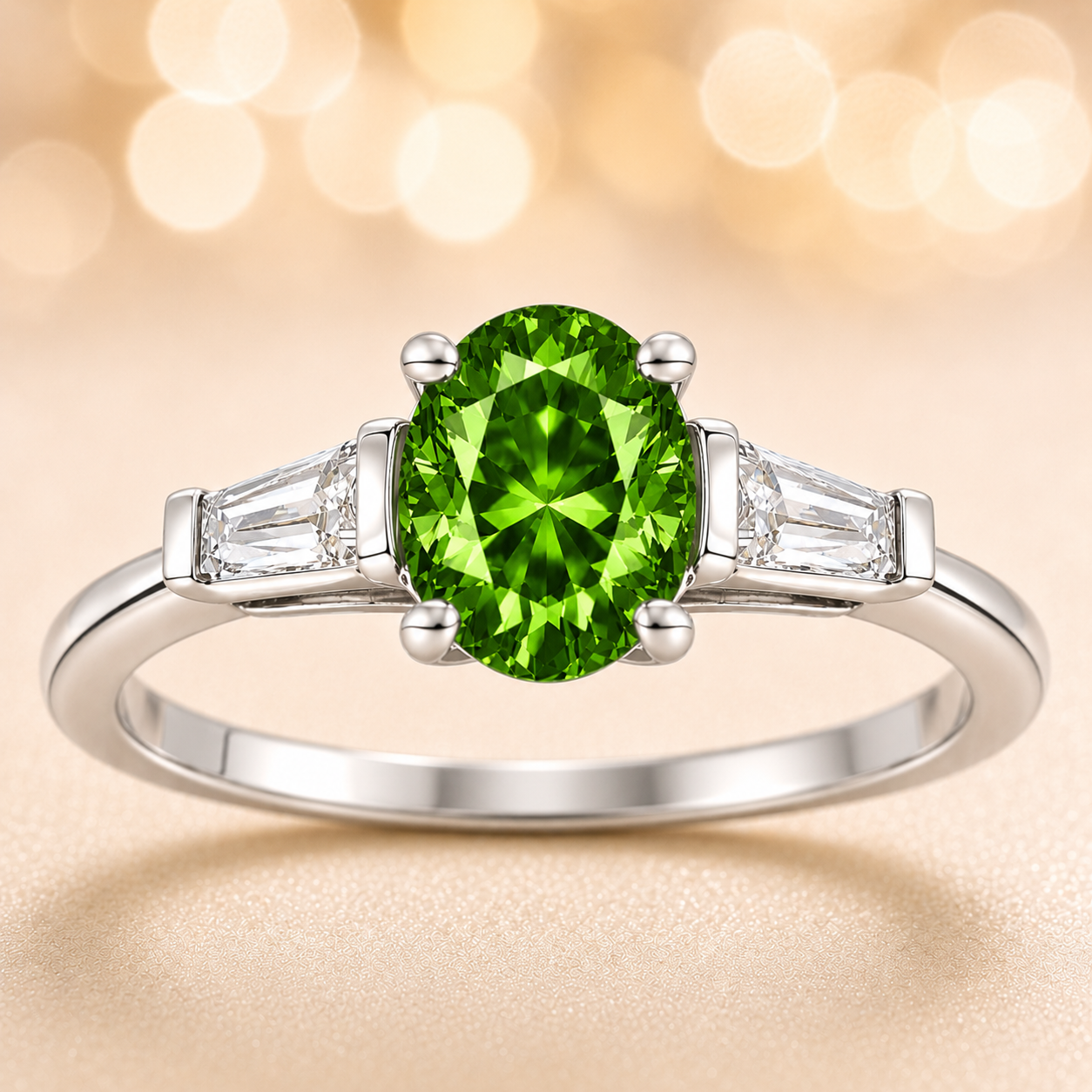 Green sapphire ring with 7×5 mm oval center in white gold-plated 925 silver. Fresh, elegant, and hypoallergenic. Available now at BSI Jewelry.