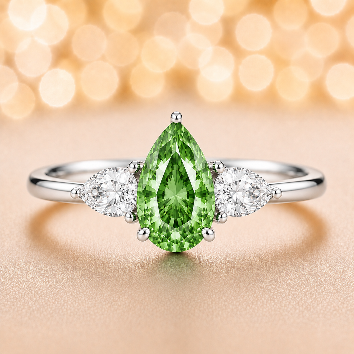 Green sapphire ring with 7×5 mm pear center and side stones in white gold-plated 925 silver. Bright and elegant for daily wear. Available now at BSI Jewelry.