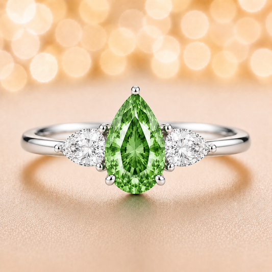 Green sapphire ring with 7×5 mm pear center and side stones in white gold-plated 925 silver. Bright and elegant for daily wear. Available now at BSI Jewelry.