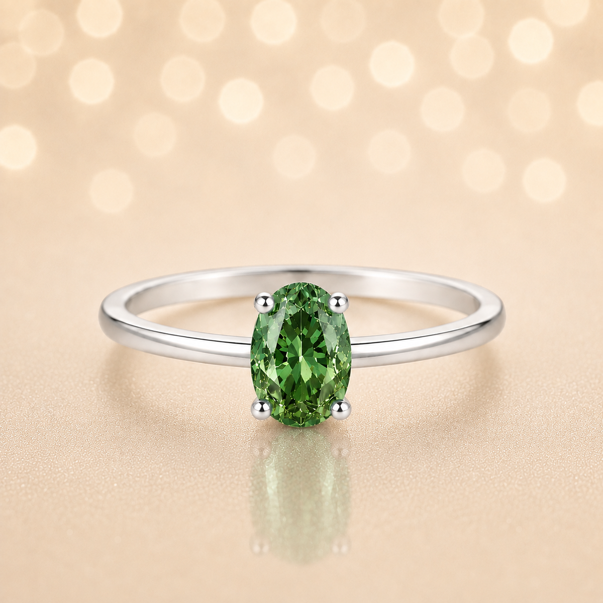 Green sapphire solitaire ring with a 6×4 mm oval in white gold-plated 925 silver. Elegant, minimal, and timeless for daily wear. Available now at BSI Jewelry.