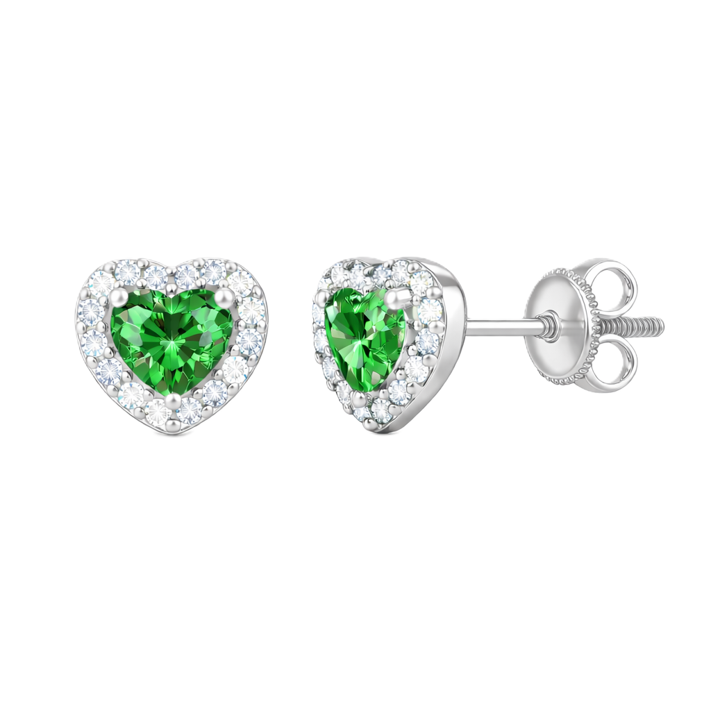 Green sapphire stud earrings with 4 mm heart cut in white gold-plated 925 silver, accented with moissanite and screw-back posts. Available now at BSI Jewelry.