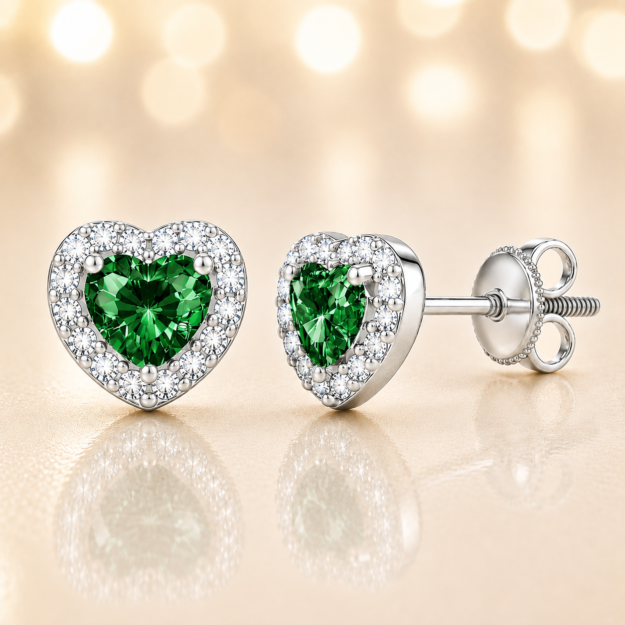 Green sapphire stud earrings with 4 mm heart cut in white gold-plated 925 silver, accented with moissanite and screw-back posts. Available now at BSI Jewelry.
