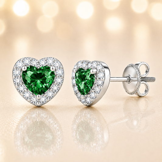 Green sapphire stud earrings with 4 mm heart cut in white gold-plated 925 silver, accented with moissanite and screw-back posts. Available now at BSI Jewelry.