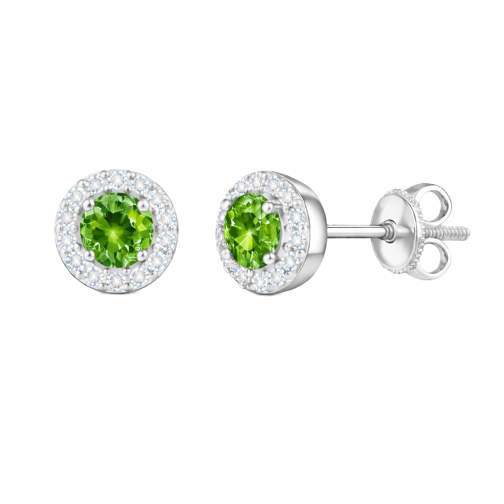 Green sapphire stud earrings with 4 mm round cut in white gold-plated 925 silver, accented with moissanite and screw-back posts. Available now at BSI Jewelry.