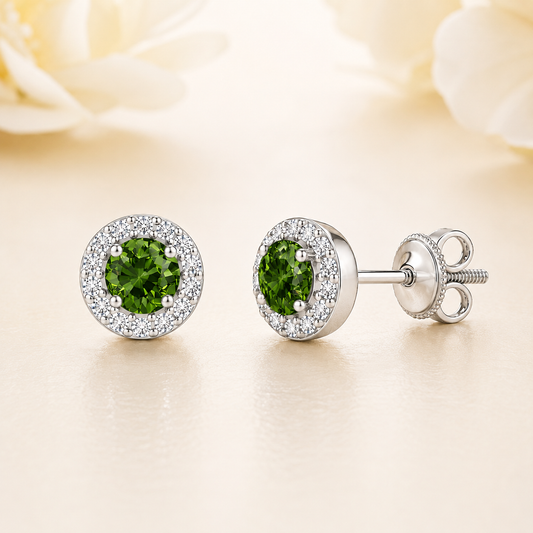 Green sapphire stud earrings with 4 mm round cut in white gold-plated 925 silver, accented with moissanite and screw-back posts. Available now at BSI Jewelry.