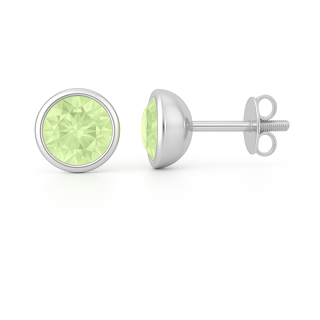 Green sapphire stud earrings with 5 mm round stones, crafted in white gold-plated 925 silver. Fresh sparkle and graceful charm. Available now at BSI Jewelry.