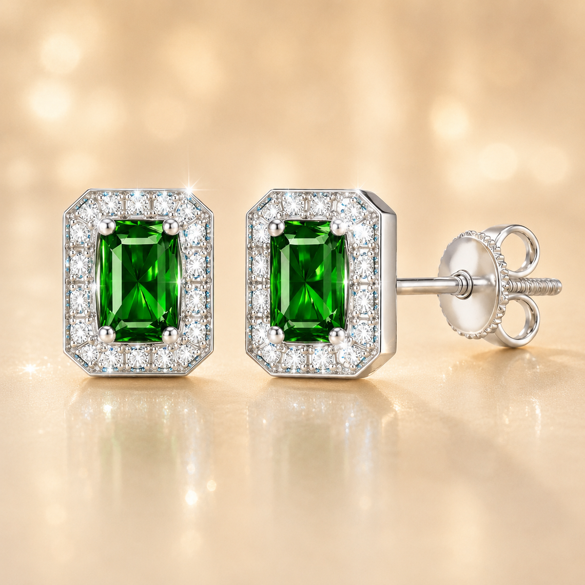 Green sapphire stud earrings with 5×3 mm emerald in white gold-plated 925 silver, accented with moissanite and screw-back posts. Available now at BSI Jewelry.