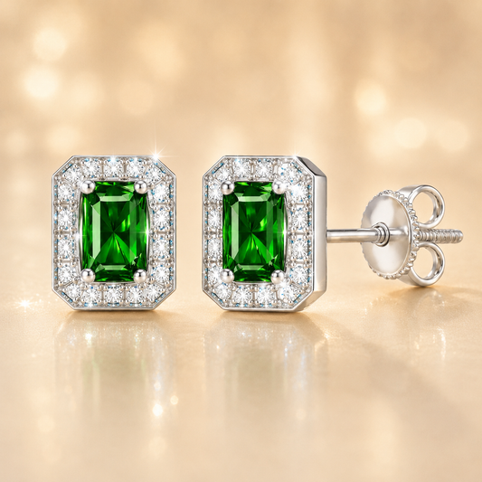Green sapphire stud earrings with 5×3 mm emerald in white gold-plated 925 silver, accented with moissanite and screw-back posts. Available now at BSI Jewelry.