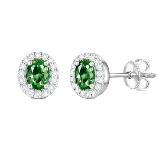 Green sapphire stud earrings with 5×3 mm oval in white gold-plated 925 silver, accented with moissanite and secure screw-back posts. Available now at BSI Jewelry.
