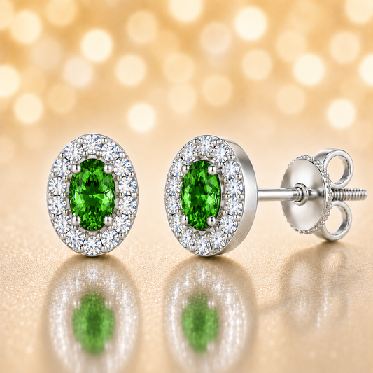 Green sapphire stud earrings with 5×3 mm oval in white gold-plated 925 silver, accented with moissanite and secure screw-back posts. Available now at BSI Jewelry.