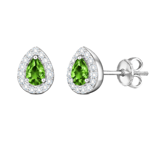 Green sapphire stud earrings with 5×3 mm pear in white gold-plated 925 silver, accented with moissanite and secure screw-back posts. Available now at BSI Jewelry.