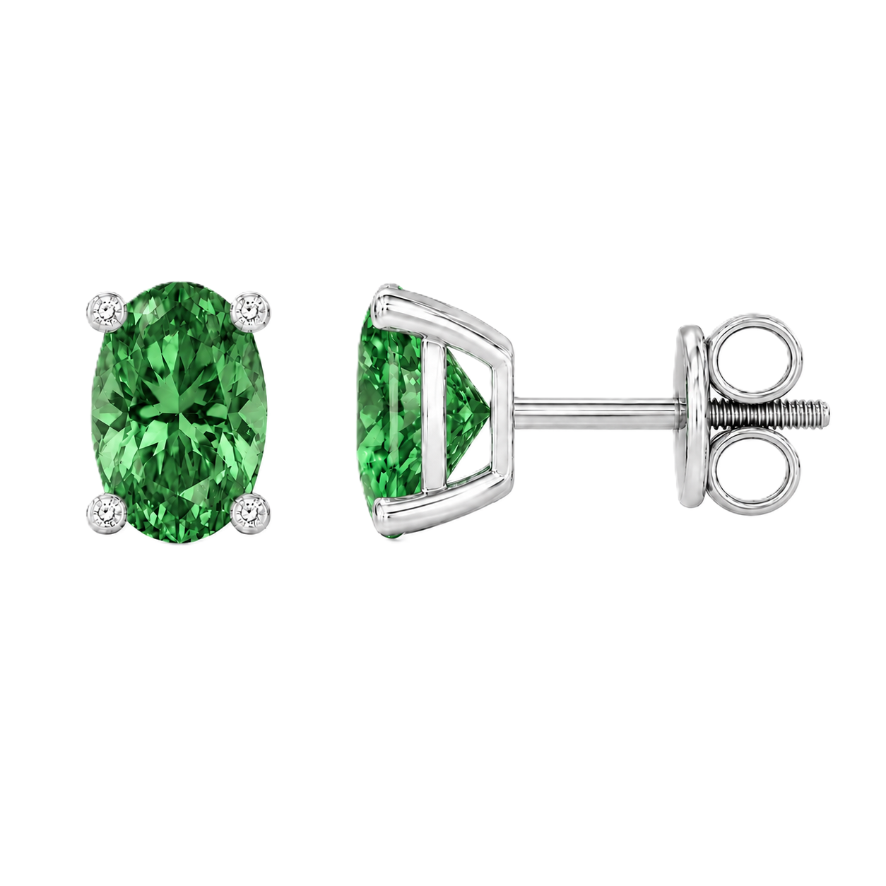 Green sapphire stud earrings with 6×4 mm oval stones and moissanite prongs in white gold plated 925 silver. Available now at BSI Jewelry.