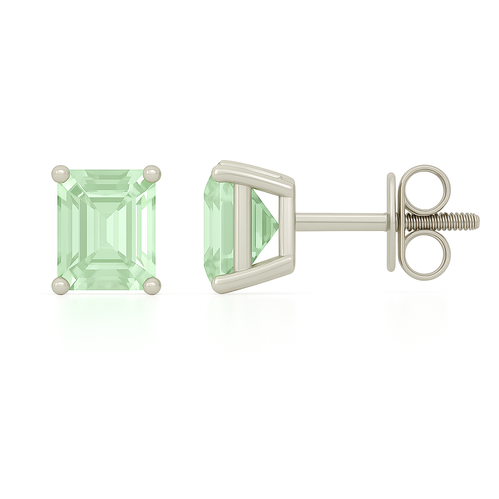 Green sapphire stud earrings with 6×4 mm emerald-cut stones, crafted in white gold-plated 925 silver with palladium-added alloy. Available now at BSI Jewelry.