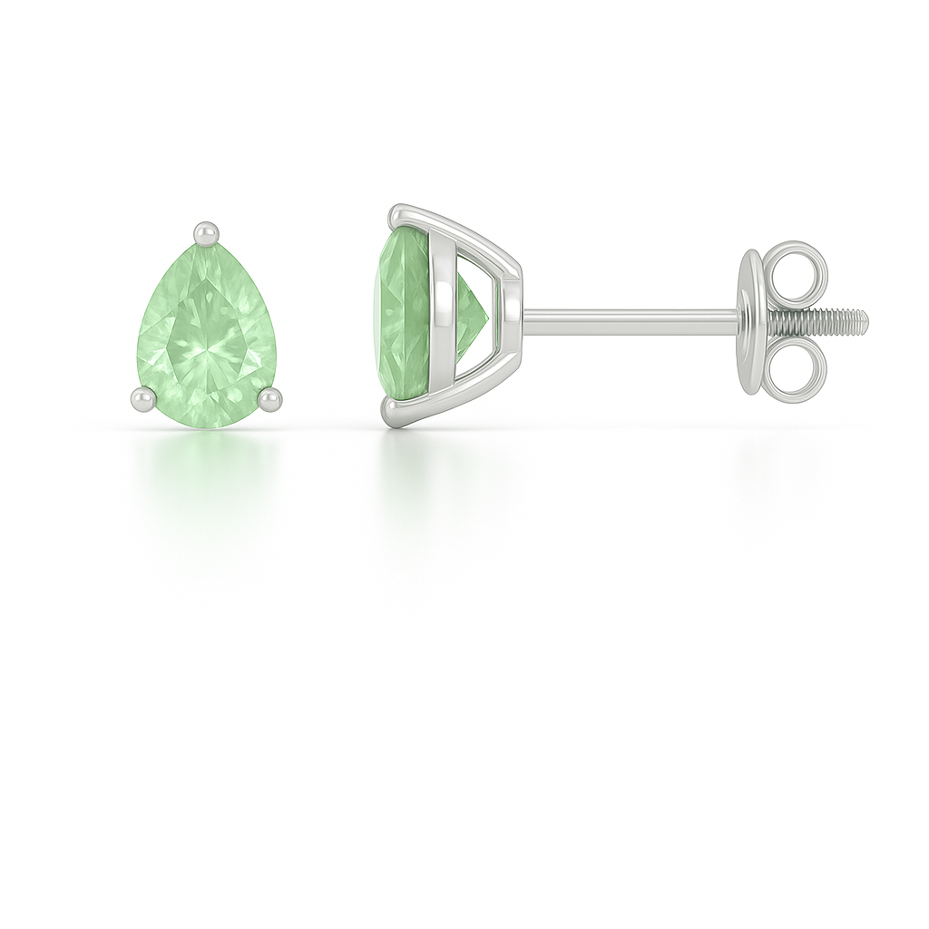 Green sapphire stud earrings in 6×4 mm pear cut, crafted in white gold-plated 925 silver. Palladium-added alloy, hypoallergenic and elegant. Available now at BSI Jewelry.
