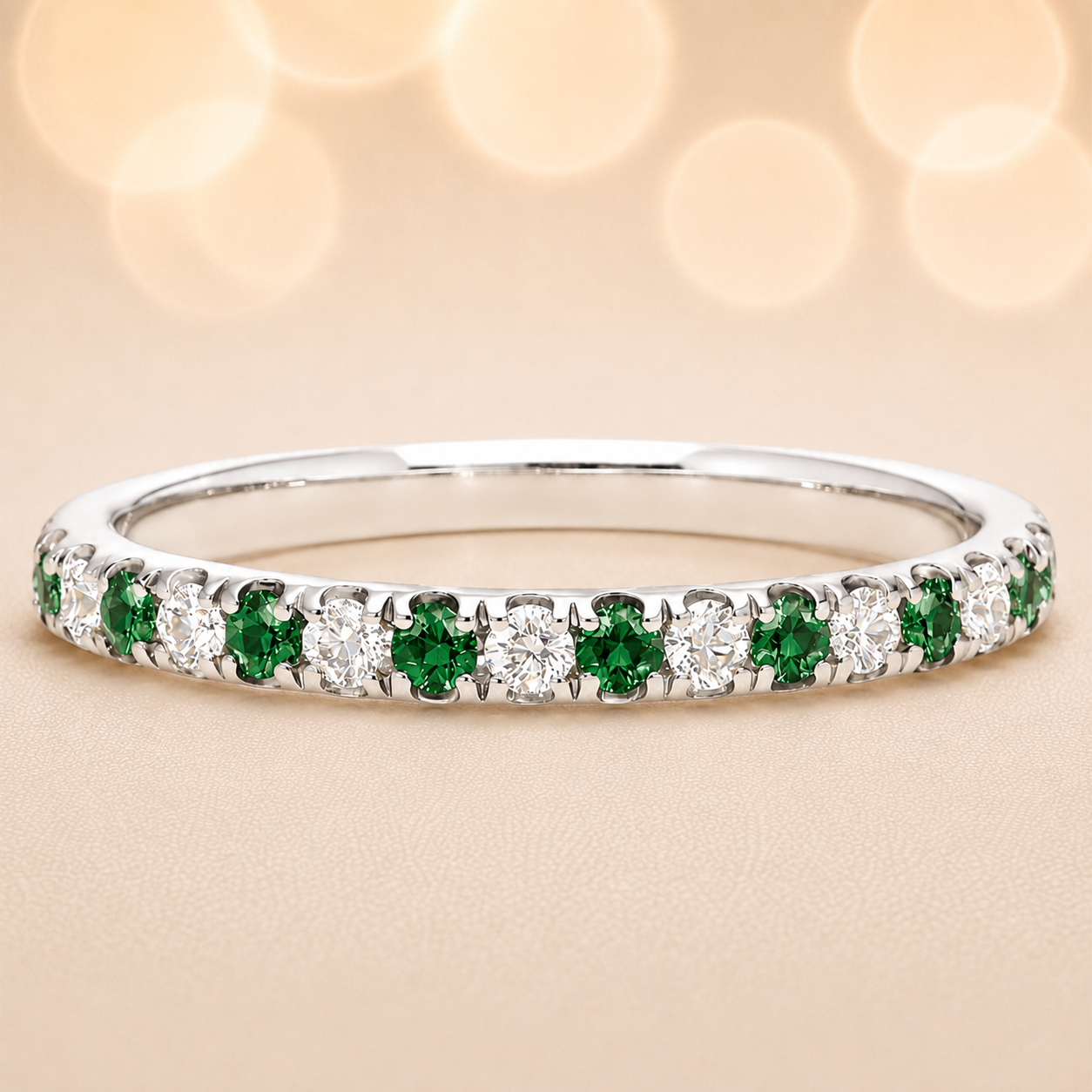 Green sapphire wedding band with 1.80 mm round-cut stones, crafted in white gold-plated 925 silver and accented with moissanite. Available now at BSI Jewelry.