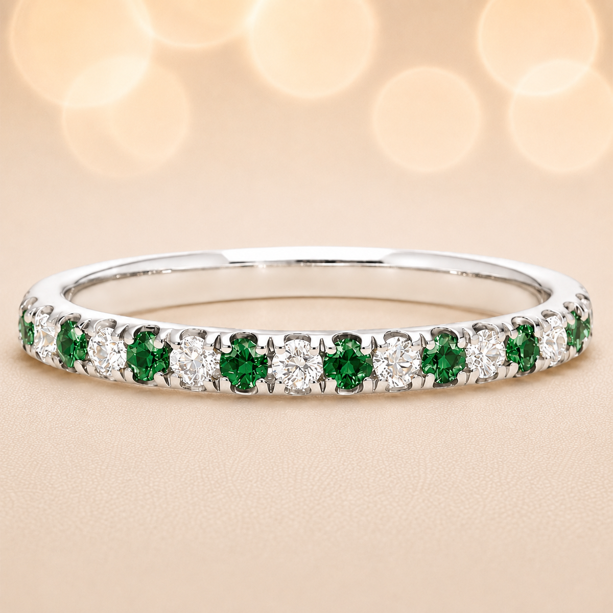 Green sapphire wedding band with 1.80 mm round-cut stones, crafted in white gold-plated 925 silver and accented with moissanite. Available now at BSI Jewelry.
