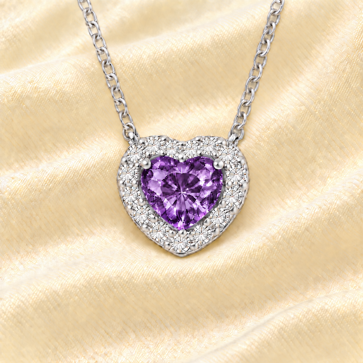 Amethyst heart necklace with a 6 mm gemstone in white gold-plated 925 silver. Elegant and hypoallergenic. Available now at BSI Jewelry.