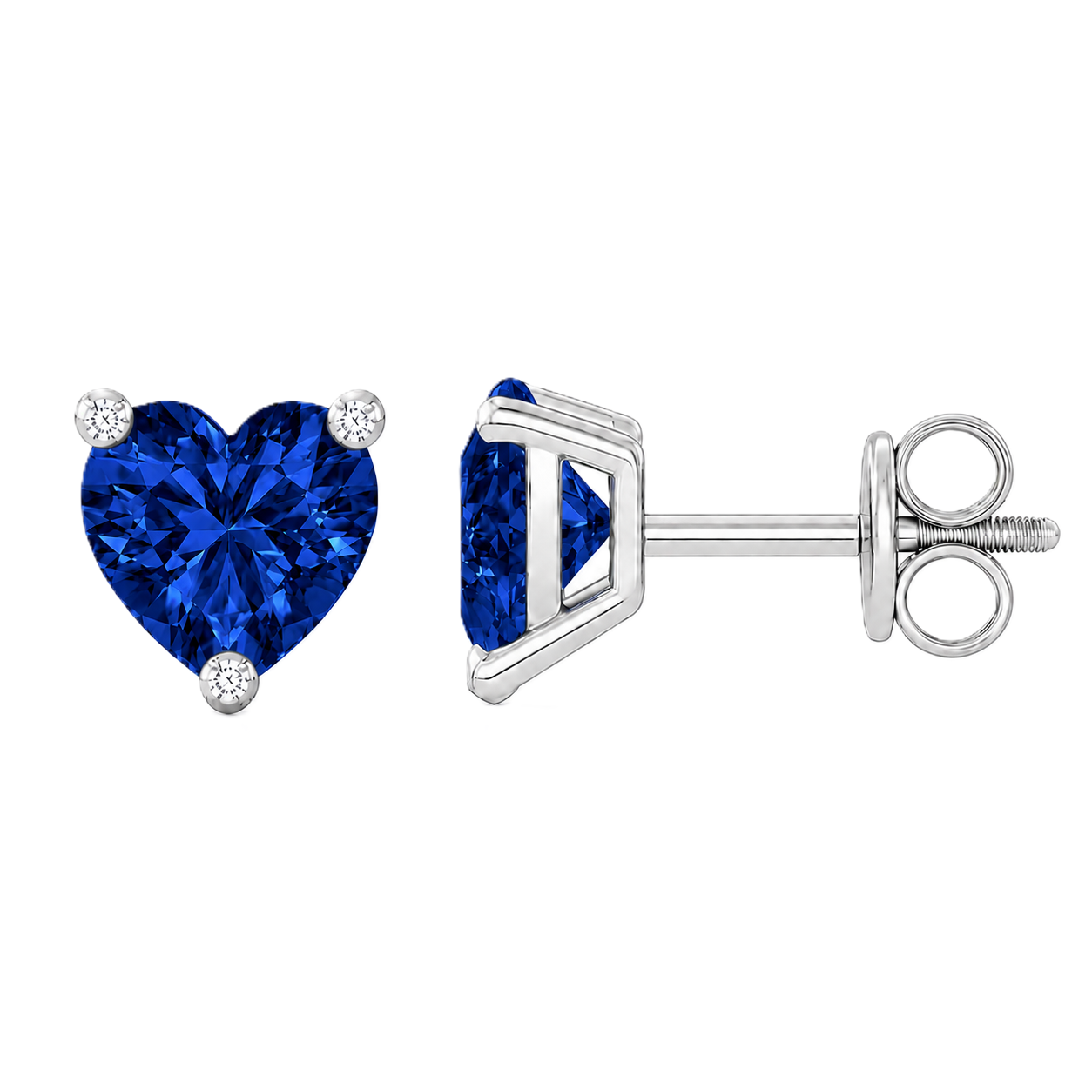 Heart blue sapphire stud earrings, 5 mm heart, crafted in white gold-plated 925 silver. Classic and elegant for daily wear. Available now at BSI Jewelry.