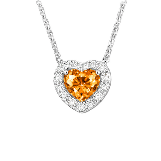 Citrine heart necklace with a 6 mm gemstone in white gold-plated 925 silver. Elegant and hypoallergenic. Available now at BSI Jewelry.