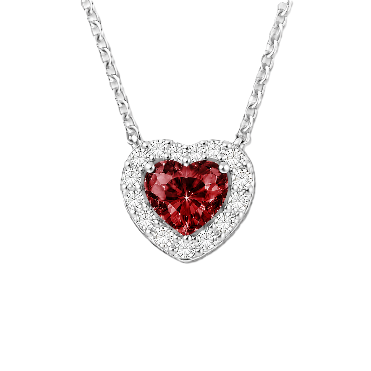 Garnet heart necklace with a 6 mm gemstone in white gold-plated 925 silver. Elegant and hypoallergenic. Available now at BSI Jewelry.