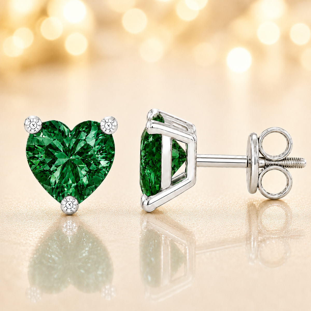 Heart green sapphire stud earrings, 5 mm heart, crafted in white gold-plated 925 silver. Bright and elegant for daily wear. Available now at BSI Jewelry.