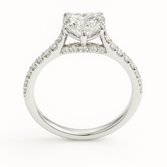 Fall in love with this 7mm Heart Moissanite Engagement Ring in White Gold Plated 925 Silver. GRA Certified, hypoallergenic, finely crafted by BSI Jewelry.